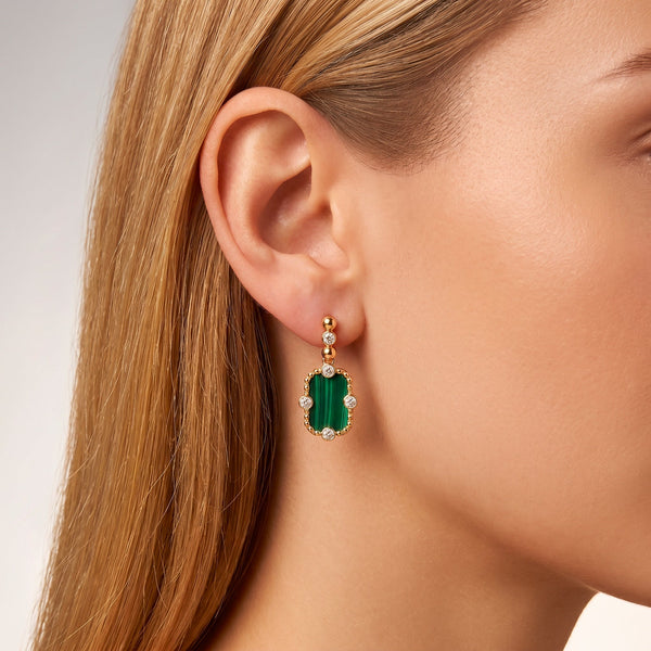 Boucles d'oreilles Art Déco - Dorées Or jaune 18k, Malachite & Oxyde de zirconium