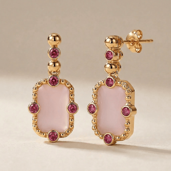 Boucles d'oreilles Art Déco - Dorées Or jaune 18k, Calcédoine rose & Oxyde de zirconium