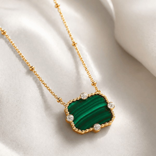Collier Art Déco - Doré Or jaune 18k, Amazonite & Oxyde de zirconium