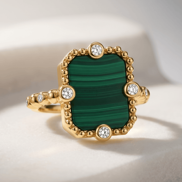 Bague Art Déco - Or jaune 18k, Malachite & Oxyde de zirconium