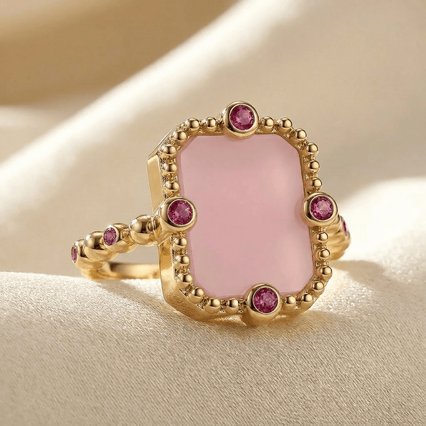 Bague Art Déco - Or jaune 18k, Calcédoine rose & Oxyde de zirconium