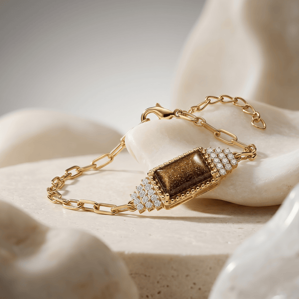 Bracelet Bauhaus - Doré Or jaune 18k, Obsidienne dorée & Oxyde de zirconium