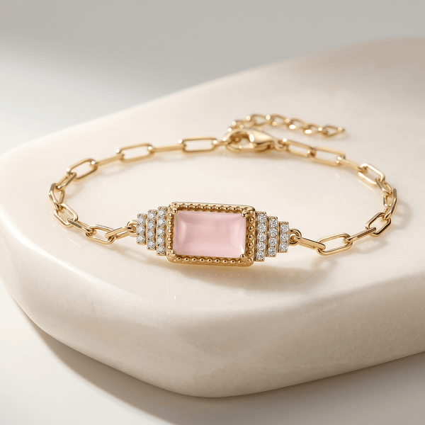 Bracelet Bauhaus - Doré Or jaune 18k, Calcédoine rose & Oxyde de zirconium