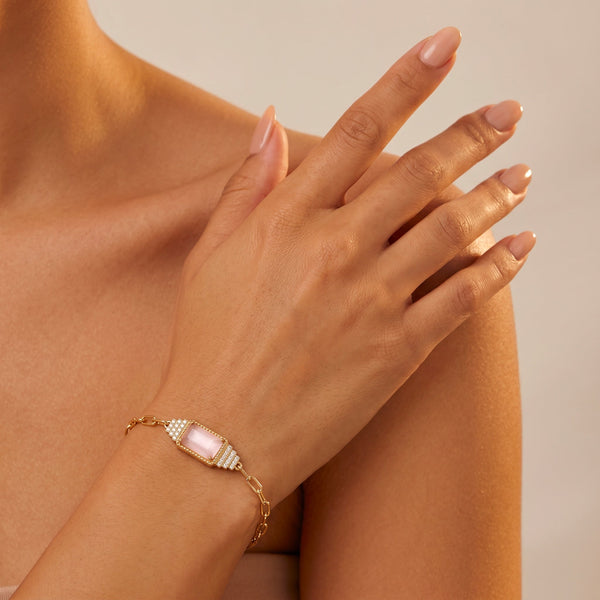 Bracelet Bauhaus - Doré Or jaune 18k, Calcédoine rose & Oxyde de zirconium
