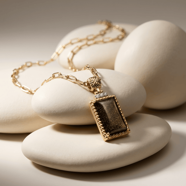 Pendentif avec chaîne Bauhaus - Doré Or jaune 18k, Obsidienne dorée & Oxyde de zirconium