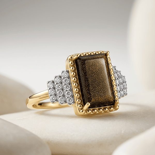 Bague Bauhaus - Dorée Or jaune 18k, Obsidienne dorée & Oxyde de zirconium