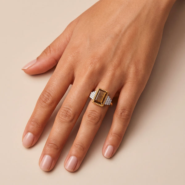 Bague Bauhaus - Dorée Or jaune 18k, Obsidienne dorée & Oxyde de zirconium