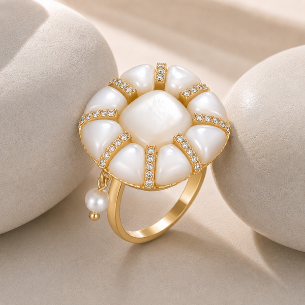 Bague - Dorée Or jaune 18k, Coquille, Perle d'eau douce, Oxyde de zirconium
